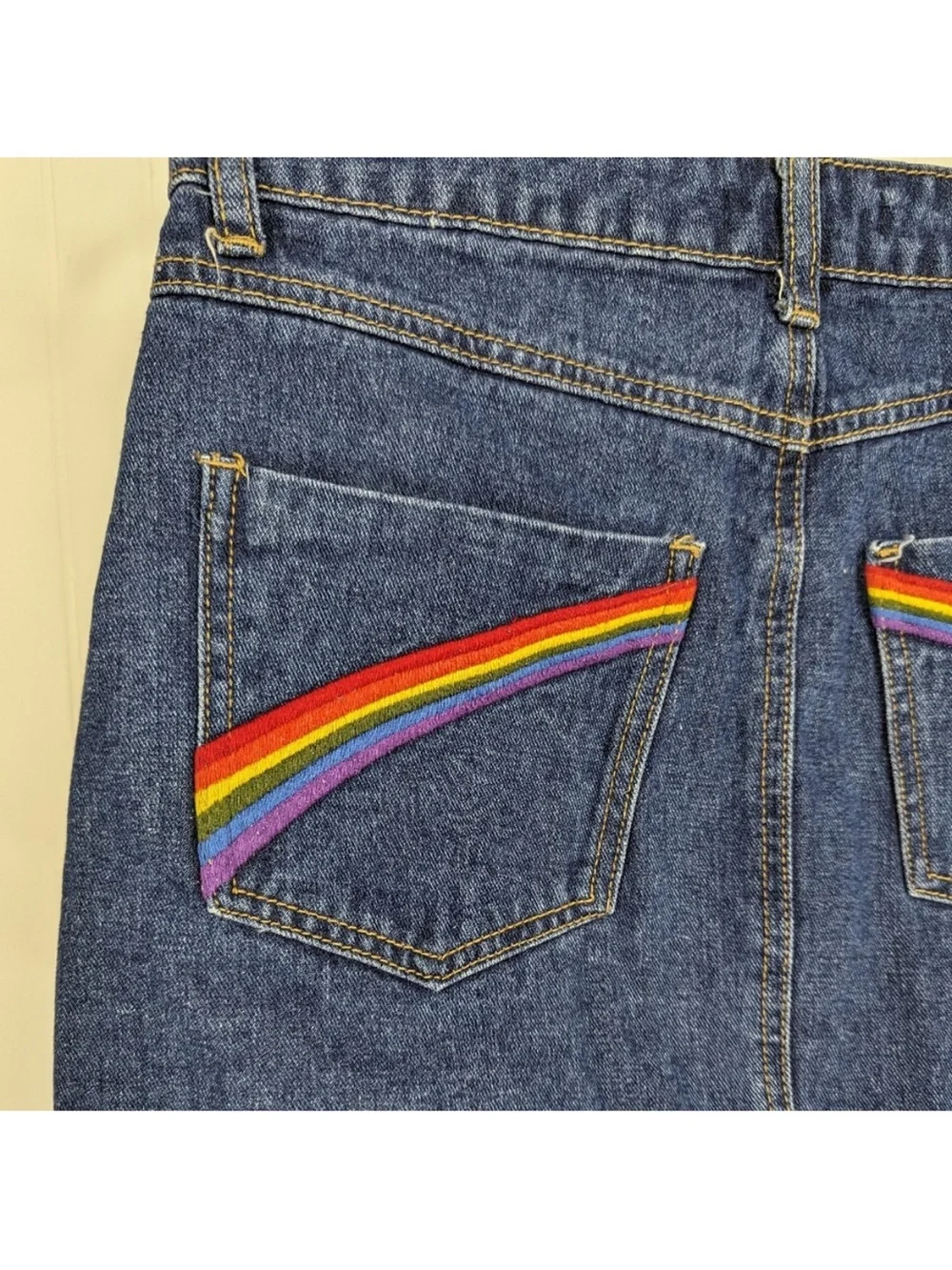 Forever 21 Blue Denim Mini Skirt with Rainbow Pocket Trim Sz Small